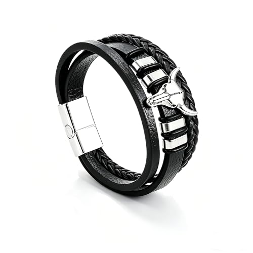 Black Multi Layer Western Leather Bracelet for Men Vintage Cowboy Braided Rope Wristband Adjustable Stainless Steel Clasp Daily Fashion Jewelry - color: Black