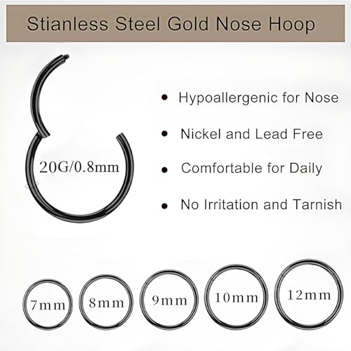 10Pcs Gold Nose Ring Hoop 18G/20G Clicker Nose Hoops Hypoallergenic Stainless Steel Nose Piercings Jewelry Gold Nose Jewelry Septum Helix Cartilage Lip Body Piercings for Women Men 7mm 8mm 9mm 10mm 12mm - color: Black and Gold-20G