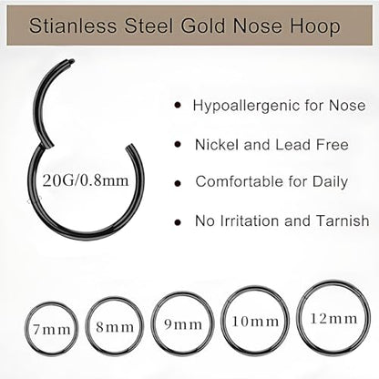 10Pcs Gold Nose Ring Hoop 18G/20G Clicker Nose Hoops Hypoallergenic Stainless Steel Nose Piercings Jewelry Gold Nose Jewelry Septum Helix Cartilage Lip Body Piercings for Women Men 7mm 8mm 9mm 10mm 12mm - color: Black and Gold-20G