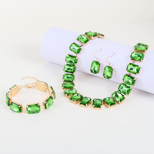 KOSMOS-LI Rectangle Faux Crystal Jewelry Sets Includ Necklace Bracelet Earrings For Women Stocking Stuffers - color: green