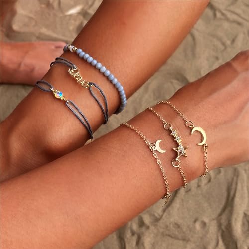 Aluinn Boho Layered Charm Bracelet Set Gold Moon Star Jewelry | Stackable bracelet set with moon and star charms, adjustable fit and style for beach trips, vacations and everyday outfits