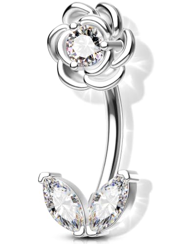 Melighting 16G Flower Rook Piercing Jewelry Marquise Stainless Steel 316L | Delicate Floral Leaf Design, 5A Grade Cubic Zircon, Dainty Eyebrow Piercing - color: Steel, size: 16g8mm