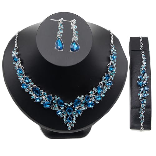 Crystal Bridal Jewelry Set, Floral Statement Necklace, Earrings, Bracelet, Wedding Accessories - color: Topaz Blue