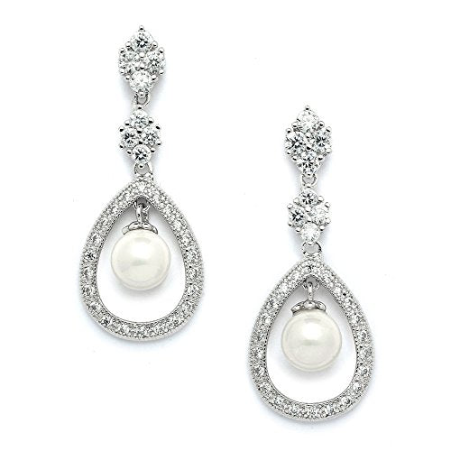 Mariell Pearl Bridal Wedding Earrings for Bride, Pearl Jewelry for Bridesmaid, Prom, Mother of the Bride - color: Silver Pierced