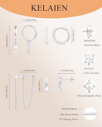 Gold Silver Earrings for Women Trendy 14K Gold Plated Dangle Hypoallergenic Cartilage Earrings Small 925 Sterling Silver Post Dainty Hoop Drop Pearl Earring Stacks Set Huggie Chain Earrings Jewelry - color: A-Pearl Earrings-Sliver