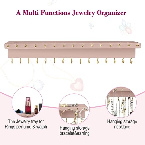 YYILIS Necklace Holder, Upgraded Extra Large Wall Necklace Organizer with 30 Hooks Wall Mounted Necklace Hanger with Jewelry Tray/Cosmetics Shelf Rustic Pine Wood Holder (Pink) | 30 Hooks Wall Mounted Necklace Hanger with Jewelry Tray/Cosmetics Shelf Rust