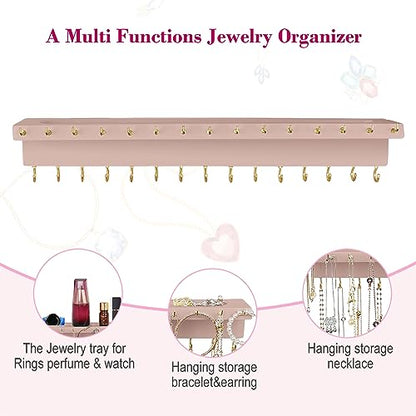 YYILIS Necklace Holder, Upgraded Extra Large Wall Necklace Organizer with 30 Hooks Wall Mounted Necklace Hanger with Jewelry Tray/Cosmetics Shelf Rustic Pine Wood Holder (Pink) | 30 Hooks Wall Mounted Necklace Hanger with Jewelry Tray/Cosmetics Shelf Rust