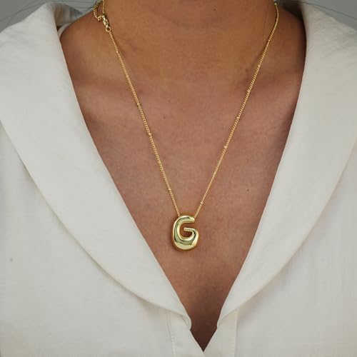 Bheop Initial Necklace for Women, Gold Silver A-Z Bubble Letter Necklace | Chunky Personalized Monogram Name Pendant, Cute Balloon Charm, Dainty Beaded Chain, Trendy Jewelry Gifts, Non Tarnish - color: Gold, style: G