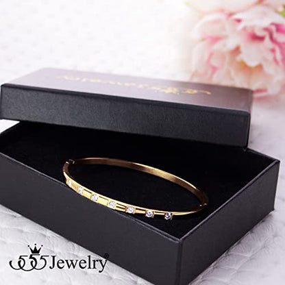 555Jewelry Stainless Steel Thin CZ Cuff Hinged Bangle Bracelet for Women - color: Gold