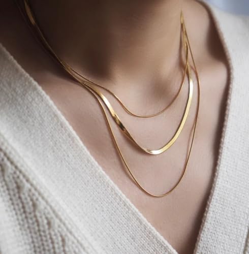 CONRAN KREMIX Waterproof Gold Necklace Layered Necklaces for Women Non Tarnish,14k Gold Plated Stainless Steel Dainty Stack Thin Chain Necklace Set for Women Gifts Jewelry - color: Gold-01