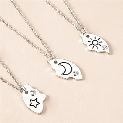 3pcs Friendship Moon Sun Star Puzzle Matching Necklace Set Gold Silver Plated Cute Crescent Round Circle Geometric Best Friend BFF Pendant Necklace for 3 Women Sisters Daughter Birthday Jewelry Gifts - color: Silver