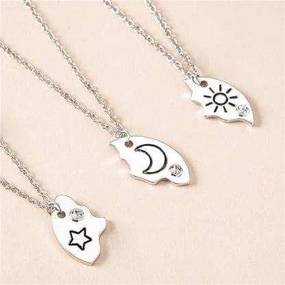 3pcs Friendship Moon Sun Star Puzzle Matching Necklace Set Gold Silver Plated Cute Crescent Round Circle Geometric Best Friend BFF Pendant Necklace for 3 Women Sisters Daughter Birthday Jewelry Gifts - color: Silver