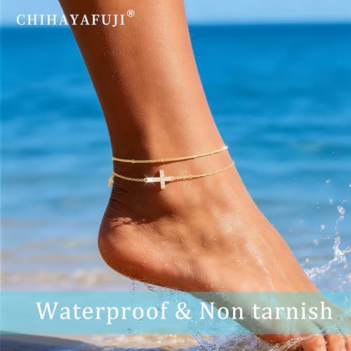 Sterling Silver Ankle Bracelets for Women 14K Gold Waterproof Layered Stackable Bead Chain Cross Charm Non Tarnish Large Adjustable Anklet for Summer Beach Jewelry Gift - color: goldA
