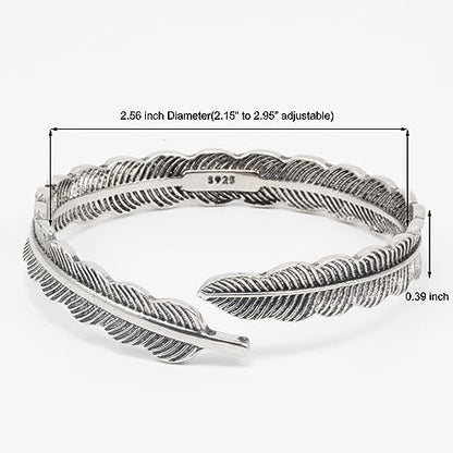 Innocence S925 Silver-Plated Antique Wide Feather Cuff Bracelet For Men Women Adjustable Retro Twisted Feathers Bracelets Gift Jewelry - color: Feather B