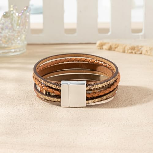 Rantanto Leather Wrap Bracelets For Women Gold Twist Lock Buckle Wrist Cuff | PU leather,Skin-friendly,Boho Stackable Wristband,Fashion Daily Jewelry,Trend Casual Party Bangle,Fit For Birthday, Holiday - color: Boho Brown