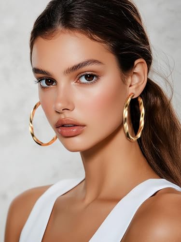 PROSTEEL Chunky Hoop Earrings for Women 14K Gold Plated/Black/Silver | 20/30/40/50/60/70/80mm Stainless Steel Thick Big Round Hoop with Waterproof and Non Tarnish Trendy Jewelry with Gift Box - color: 4. Gold, size: 60MM