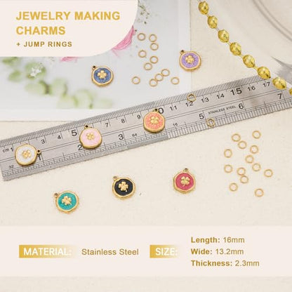 UMAOKANG 8 Mixed Color Enamel Charm, Gold Plated Stainless Steel Round Clover Bulk Charms Pendants DIY for Necklace Bracelet Jewelry Making Crafting - color: Round Clover
