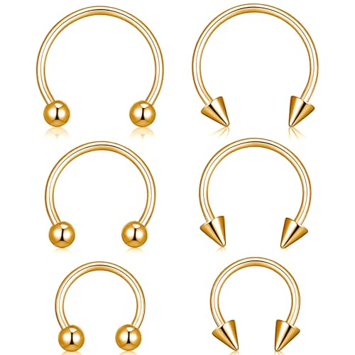 Yolev 6pcs Horseshoe Nose Ring 16g Surgical Steel Septum Piercing Jewellery Horseshoe Hoop Earring Lip Rings Ear Helix Cartilage Daith Conch Horse Shoe Nose Ring For Women Men 8/10/12mm Gold