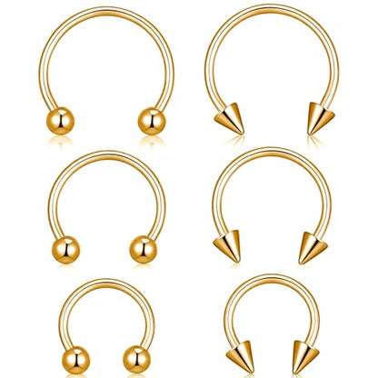 Yolev 6pcs Horseshoe Nose Ring 16g Surgical Steel Septum Piercing Jewellery Horseshoe Hoop Earring Lip Rings Ear Helix Cartilage Daith Conch Horse Shoe Nose Ring For Women Men 8/10/12mm Gold