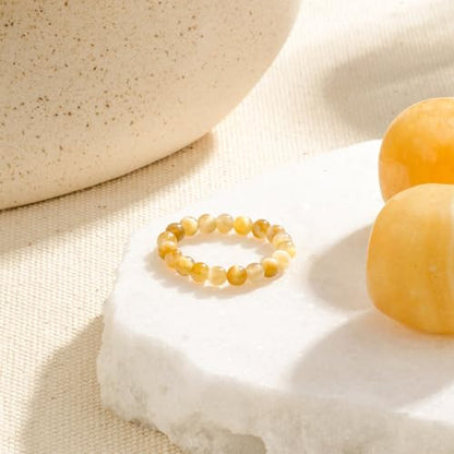 NLIEO Handmade Natural Gemstone Crystal Beaded Stretch Band Ring for Women | Handmade, 3mm Natural Stone, Size 7-12, Stretchy, Beaded Jewelry, Green Bead Rings, Trendy Jewelry Gift - style: Golden Tigers Eye
