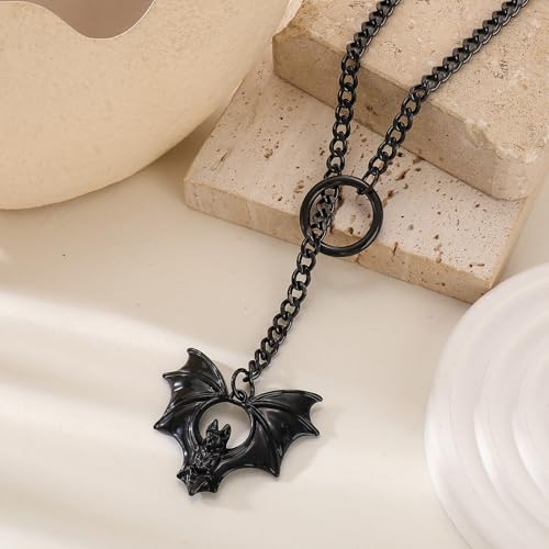 Slip Chain Necklace for Women Gothic Stainless Steel Bar Pendant Cuban Link Necklaces Adjustable Goth O Ring Long Necklaces Punk Rock Collar Choker Trendy Lariat Y Necklace - color: Black bat