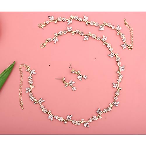 Brides Bridesmaid Flower Leaf Choker Necklace Dangle Earrings Link Bracelet Austrian Crystal Wedding Jewelry Set for Prom Costume Party Accessories for Woman - color: Light Rose-Gold Plated