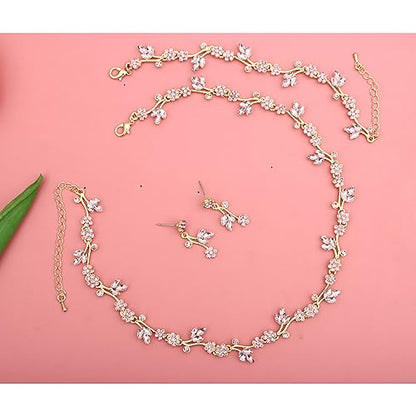 Brides Bridesmaid Flower Leaf Choker Necklace Dangle Earrings Link Bracelet Austrian Crystal Wedding Jewelry Set for Prom Costume Party Accessories for Woman - color: Light Rose-Gold Plated