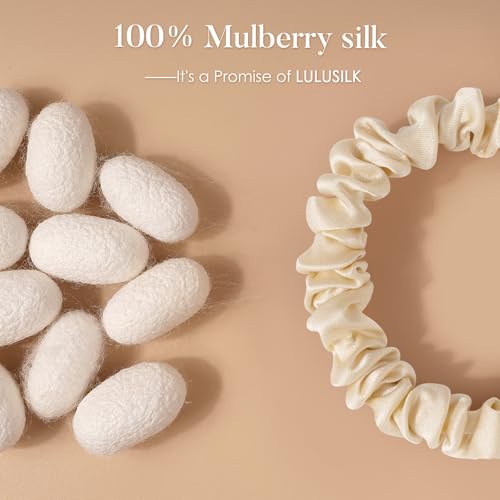 LULUSILK Small Silk Hair Ties No Damage, 100% Real Mulberry Silk, Skinny Scrunchies Ponytail Holders for Thin Fine Hair, Ivory, Pack of 3 - color: Ivory