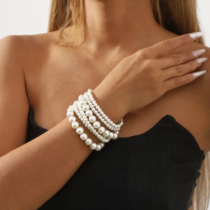 6 Pack Pearls Bracelets for Women Pearls Bracelets Set Boho Jewelry for Halloween Prom Party Christmas Gift