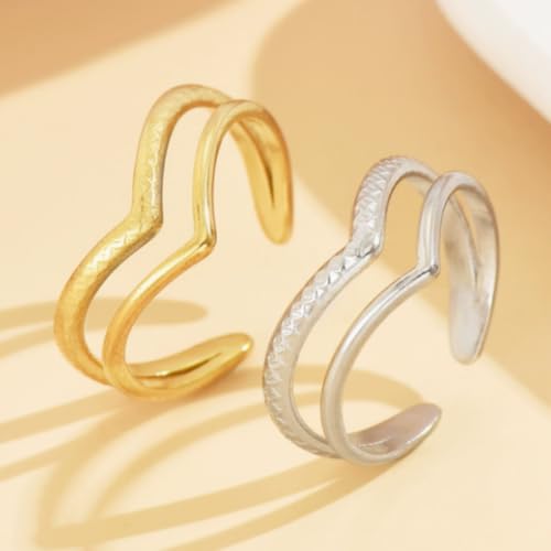 Gold & Silver V Shaped Adjustable Ring, Simple Non Tarnish Stainless Steel Womens Rings, Dainty Open Band,Anillos.
