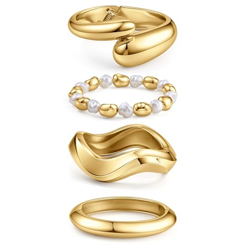 MOZAKA 4PCS Chunky Gold Bangle Bracelets for Women | Trendy Wide Wrist Cuff Bracelets Stack Statement Bangle Fashion Jewelry Gift - color: gold