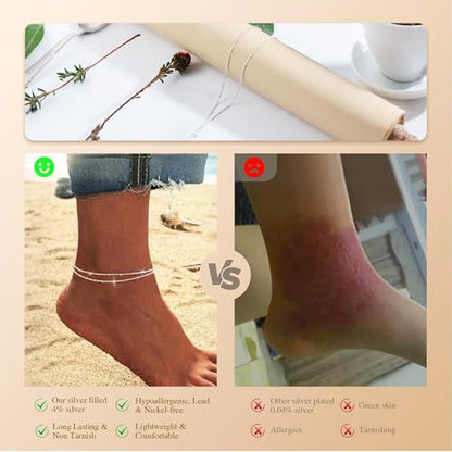 Kenivira Gold/Silver Ankle Bracelets for Women Dainty,18K Gold Plated/Sterling Silver Chain Anklets for Women Waterproof,Layered Anklets Set Non Tarnish Beachy Jewelry Gift - color: silver square