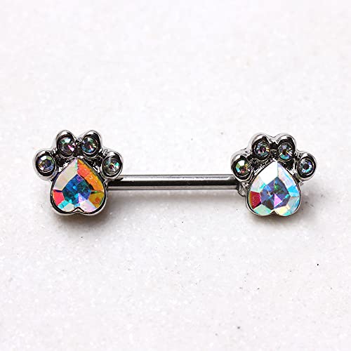 Pierced Owl Aurora Borealis CZ Crystal Dog Paw Nipple Barbell - 316L Stainless Steel - 14Gauge - 9/16 Inch - Pair