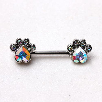 Pierced Owl Aurora Borealis CZ Crystal Dog Paw Nipple Barbell - 316L Stainless Steel - 14Gauge - 9/16 Inch - Pair