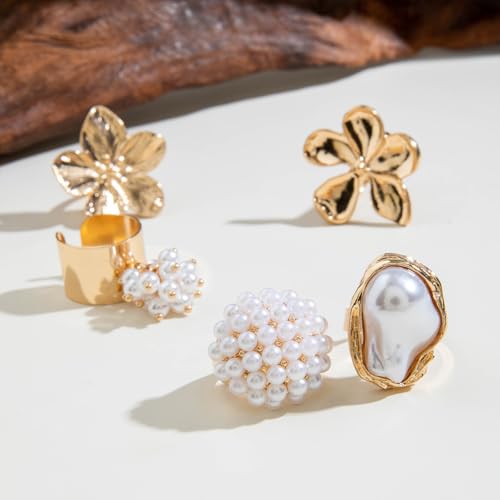 Statement Pearls Cluster Large Irregular Baroque Pearl Rings for Women Vintage Textured Flower Polished Floral Finger Ring Set Punk Cocktail Party Jewelry