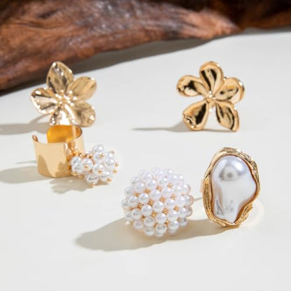 Statement Pearls Cluster Large Irregular Baroque Pearl Rings for Women Vintage Textured Flower Polished Floral Finger Ring Set Punk Cocktail Party Jewelry