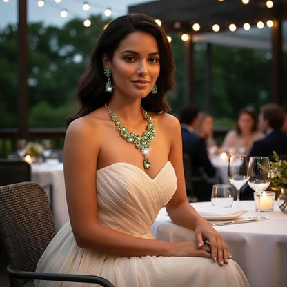 Hicarer Bridal Teardrop Cluster Crystal Jewelry Set for Women Necklace Earrings Wedding - color: Green Gold