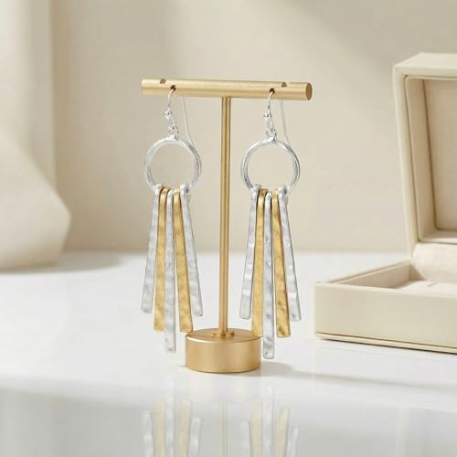 Antique Gold Hammered Disc Drop Earrings Boho Earrings with Two Tone Jewelry Gift - color: AMZ-EH21327A