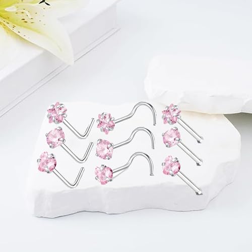 9PCS 20g Stainless Steel 316L Nose Studs Set | Hypoallergenic L-Shaped Screw & Bone Nose Rings, Round Heart Star Pink Cubic Zirconia Nose Piercing Jewelry for Women Men - style: studs001