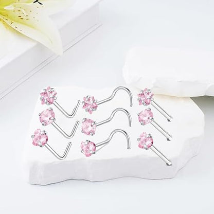 9PCS 20g Stainless Steel 316L Nose Studs Set | Hypoallergenic L-Shaped Screw & Bone Nose Rings, Round Heart Star Pink Cubic Zirconia Nose Piercing Jewelry for Women Men - style: studs001