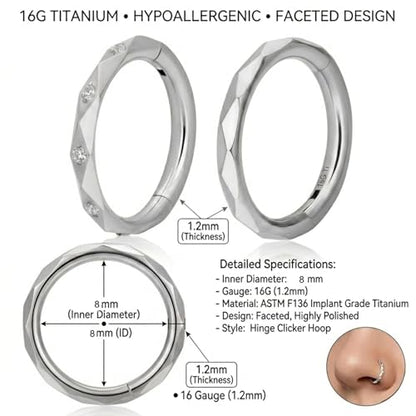 2PCS 16G Titanium Nose Rings for Women, Nostril and Septum | F136 Implant Grade Titanium, Hypoallergenic, 1.2 mm ×8 mm, Faceted and CZ Hinged Clicker Hoops for Nostril or Septum - color: Style B Silver-8mm