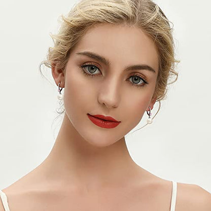 JO WISDOM 925 Sterling Silver Freshwater Pearl Hoop Earrings with Dangle Real Pearl,Simulated Pearls - color: B-8mm white pearl,Tourmaline color