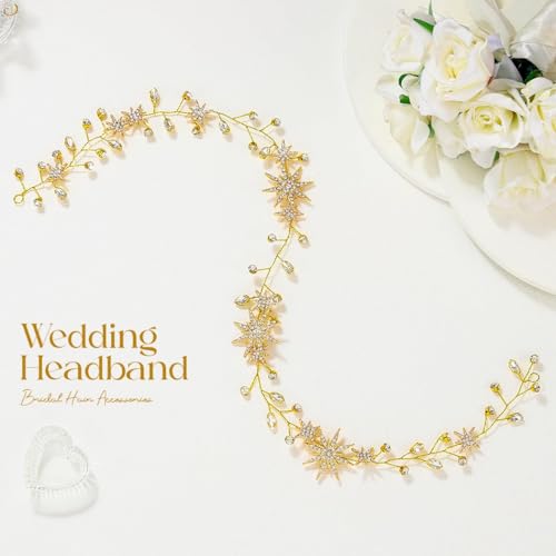 Unicra Star Rhinestone Bride Wedding Hair Vine Gold Bridal Hair Piece Crystal Hair Accessories for Women (21 Inches) - color: Gold