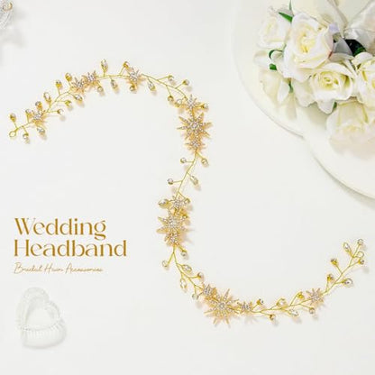 Unicra Star Rhinestone Bride Wedding Hair Vine Gold Bridal Hair Piece Crystal Hair Accessories for Women (21 Inches) - color: Gold
