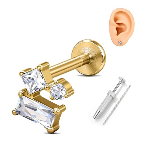 G23 Titanium Gold Filled 16G Cartilage Earring, 6mm 8mm - color: Square CZ, Gold, size: 8MM