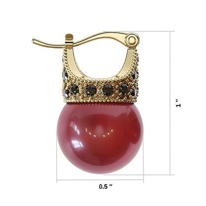 Glass Pearl Earrings Crystal Accent Crown Shape for Wedding, Bridal, Formal & Fashion - color: Red/Gold