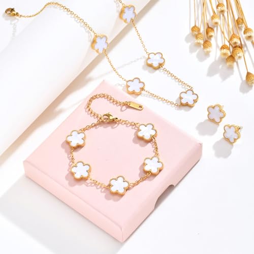 Gold Necklaces Bracelets Earring Set - 18K Gold Plated Flower Bracelet Chain,Stainless Steel Non Tarnish Floral Pendant Stud Jewelry Sets,Christmas Birthday Lucky Gift for Mom Wife Daughter Girlfriend - color: White