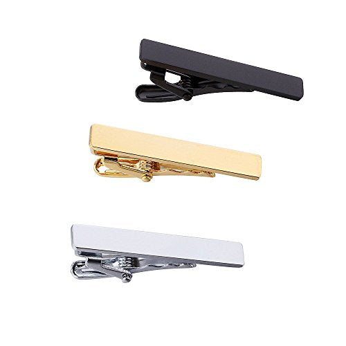 AnotherKiss 3-Pack Skinny Tie Clips for Men, Black Gold Silver Tone | Includes 3 slim tie clips in black, gold and silver tone, ideal for skinny ties, dress shirts, business wear and weddings.