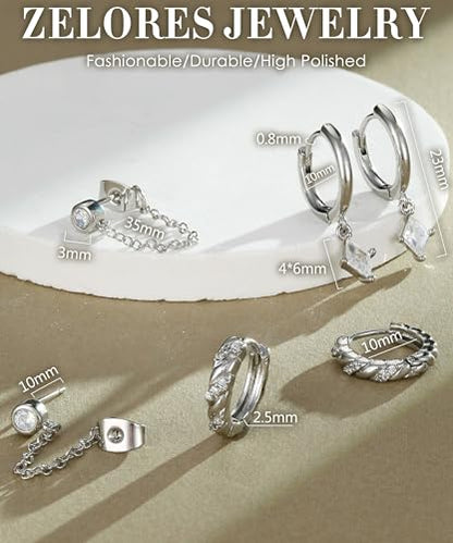 3 Pairs Dangle Hoop Chain Earrings Stacks for Women Trendy Huggie Earring | Non-Tarnish 5A CZ Stones Hoops Earrings Set for Multiple Piercing - style: Silver Plated-Square Dangle