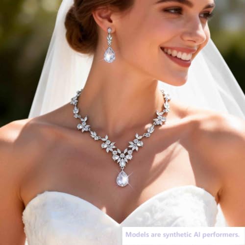 Kamirola Bridal Jewelry Set, Jewelry Set for Women, Necklace Dangle Earrings Bracelet Set, White Gold Plated (TR76) - color: Silver White